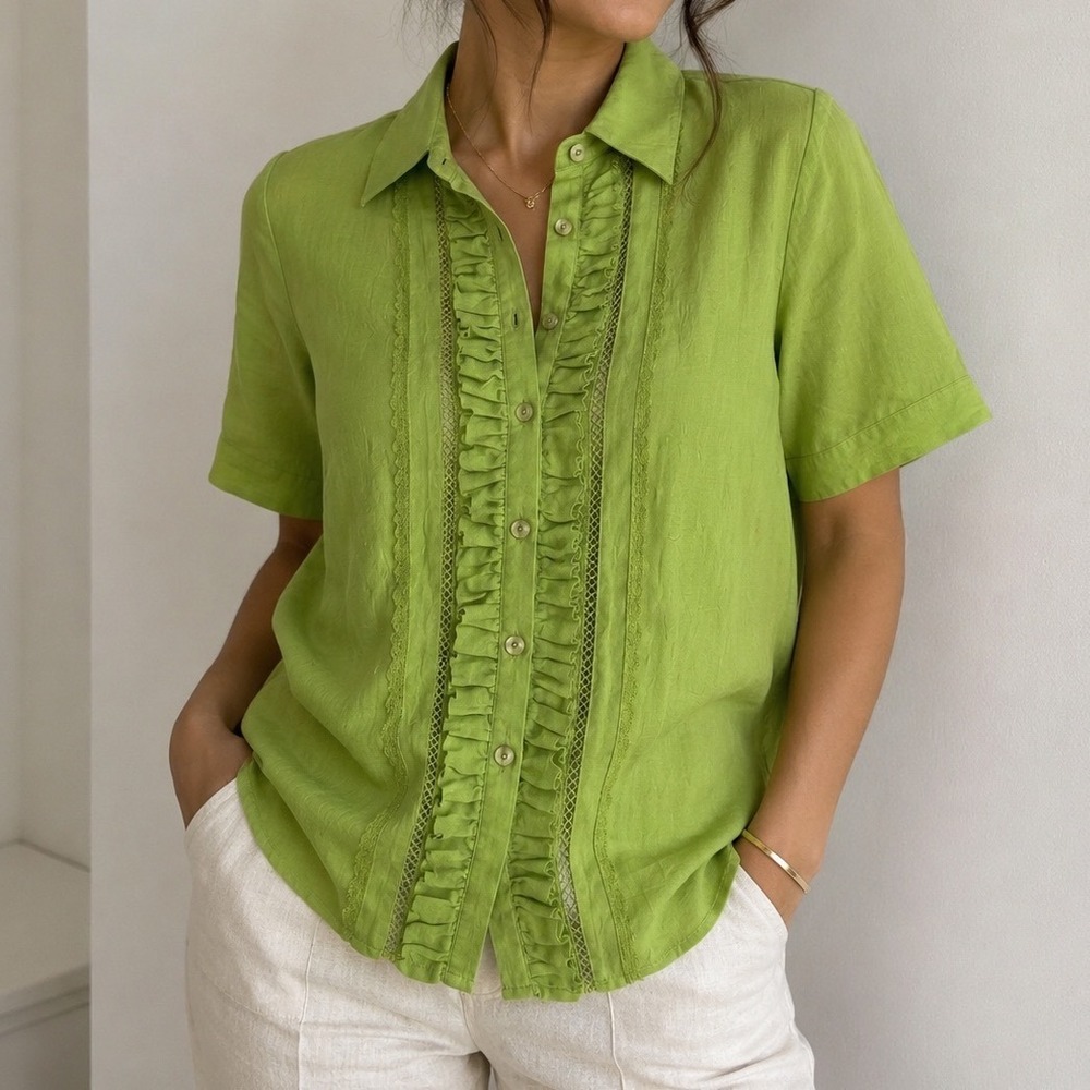 Dressbarn Woman Green Ruffle‎ Lace Trim Button Down Short Sleeve Blouse Boho dd